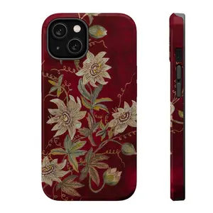 White Passionflowers on Deep Red Tough iPhone Case Waterproof Durable Polycarbonate & Flexible TPU Vintage Retro Cover Gift for Her Phone Case for Samsung and iPhone 17, 16, 15, 14, 13, 12, 11 Pro Max, X, XR, XS Max, 8,  Compatible with Samsung Galaxy S25