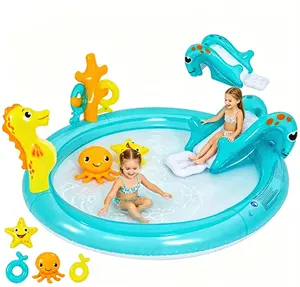 Kids Inflatable Ocean Sprinkler Pool, PVC Backyard Water Play Center with Slide & Ring Toss Game (Ages 2-6)