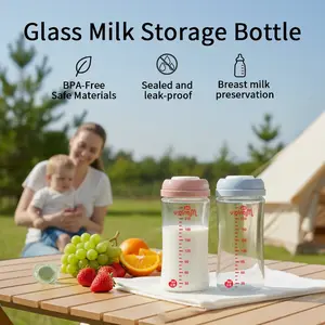 Glass breast milk storage bottle, reusable, wide-mouth, leak-proof, BPA-free, safe materials, heat-resistant, suitable for Babies, refrigeration, multipurpose, can be used for breast milk, formula, and snacks, 8 oz/240 ml (blue/pink)