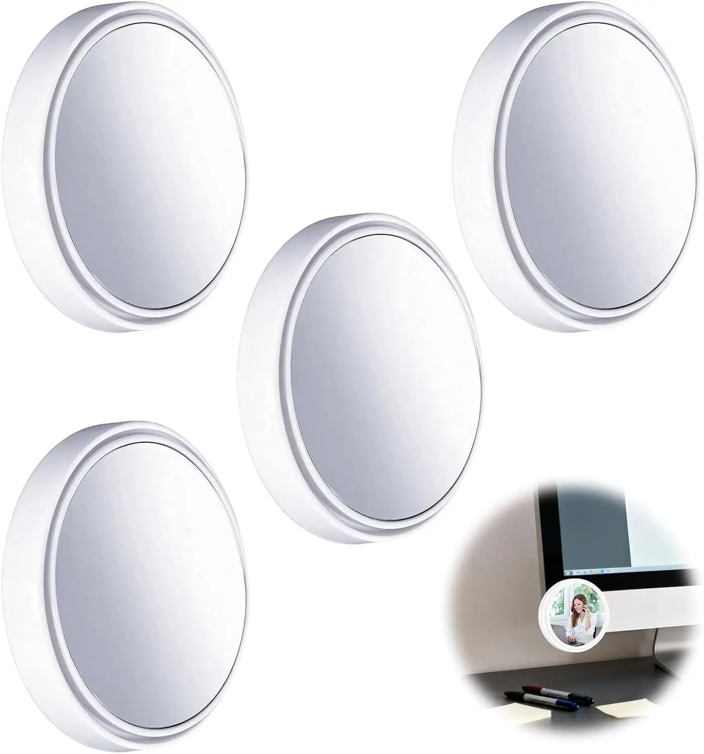 4PCS Office Cubicle Mirrors 2.24 Inch Adjustable Monitor Mirror to See Behind You Rear View Computer Monitor Desk Mirrors Small Stick-on Removable Mirror (White)