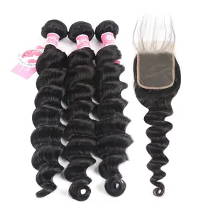 LY Super Thin Transparent Lace Pre Plucked Hair 3 Bundles Brazilian Loose Deep Wave with Lace Closure