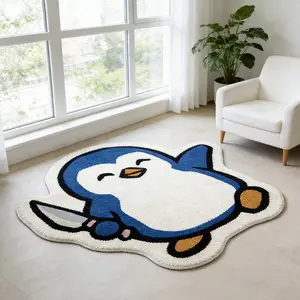 Cartoon Blue Penguin Carpet, Creative Fun Decorative Living Room Rug, Irregular Fashion Bedroom Bedside Mat, Soft Plush Pad