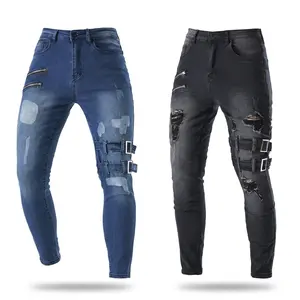 Young Adult Men's Skinny Fit Motorcycle-Style Stretch Denim Jeans, Zipper Buckle Strap, Distressed Washed, Comfortable Durable Breathable Clothes, All-Seasons Streetwear for High Street Daily Wear summervibes