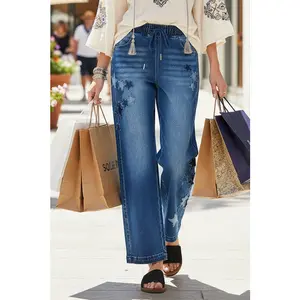 RISEN JEANS Women's Slouchy Cropped Barrel Jeans, Casual Star Patch Denim with Comfortable Elastic Drawstring Waist