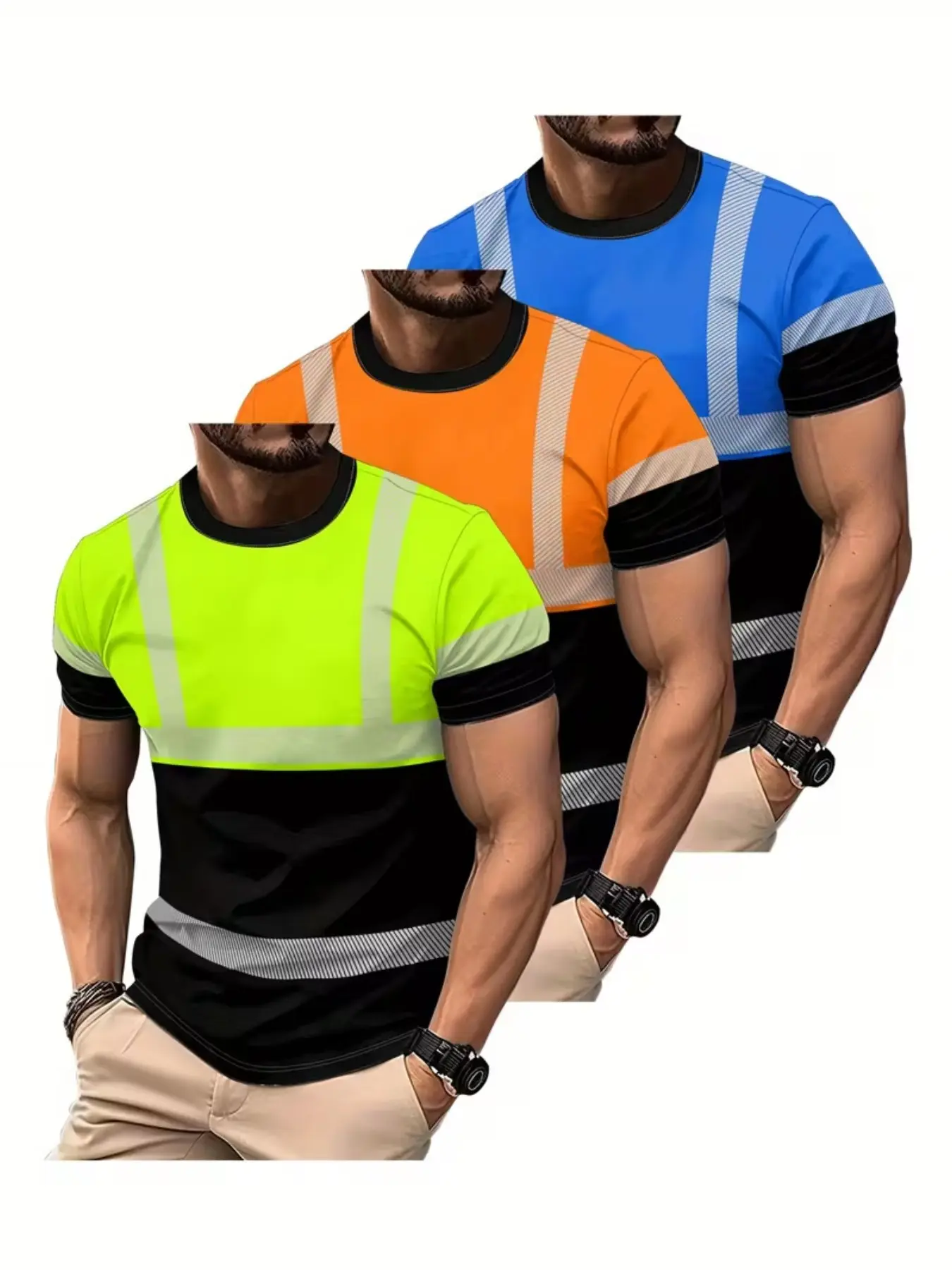 Men's Casual Sport T-Shirt 3-Pack, Neon &, Royal Blue Options, Lightweight Breathable Fabric, Bold Print Design, Breathable Workout Shirts, Casual Sporty Top