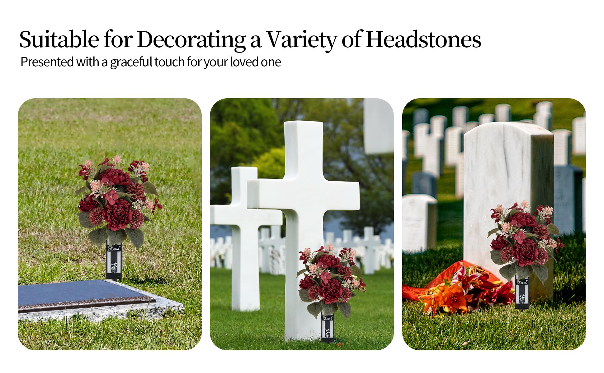 Mother's Day & Memorial Day Cemetery Flowers for Grave - Peony Grave Decorations with Vase, Lifelike Outdoor Artificial Flowers, UV Resistant & Maintenance-Free