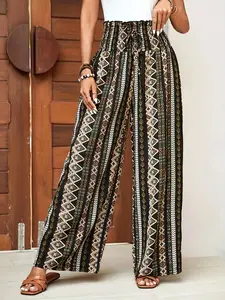 Women's Ethnic Pattern Paper Bag Waist Wide Leg Pants, Boho Casual High Waist Shirred Trousers for Vacation Beach, Ladies Bottoms for All Seasons, Womenswear