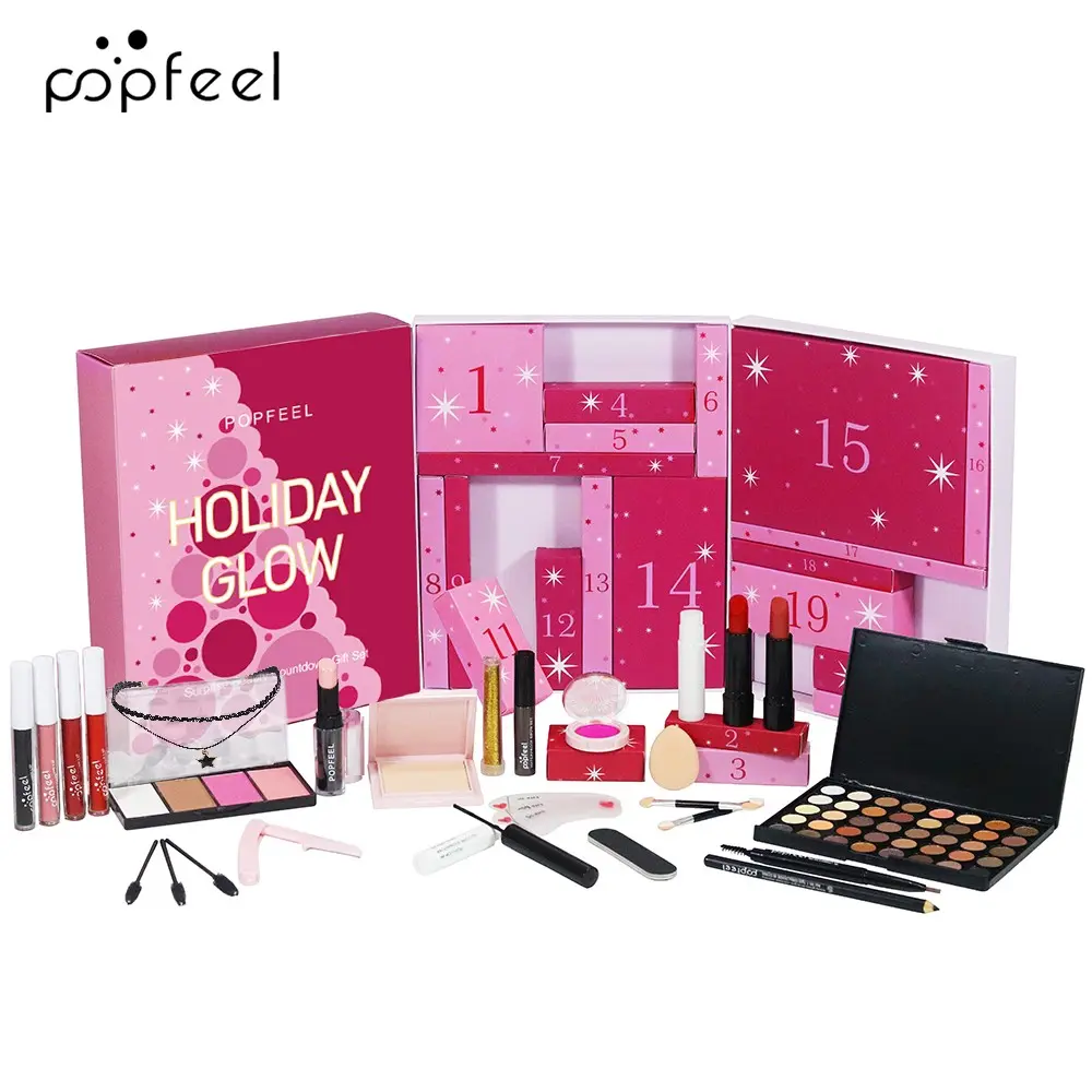 Popfeel 24-Day Countdown Mystery Gift Box, Luxury Makeup Set, Cosmetic Gift Set with Eyeshadow, Blush, Foundation, Lipstick, Mascara, and More, Perfect Gift for Her