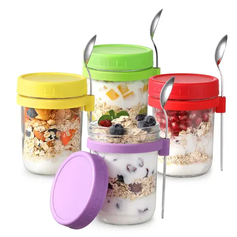 Premium 4 Pack 16oz Glass Overnight Oats Containers with Lids & Spoons, Airtight Mason Jars for Milk, Cereal & Fruit  Canister Kitchen Utensils Tin Multicolor, Leakproof Seal