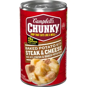 Baked Potato Soup with Steak and Cheese Ready to Eat Hearty Soup with Potatoes Steak Pieces and Cheese Creamy Texture Easy Heat and Serve Meal 18.8oz Can