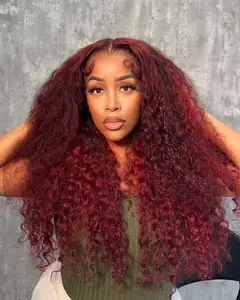 KEPHARE 200% Density Burgundy Lace Front Wig Brazilian Human Hair 13x4 HD Transparent Deep Wave 99J Color Pre-Plucked Silky Restyleable Wig for Outdoor Fun