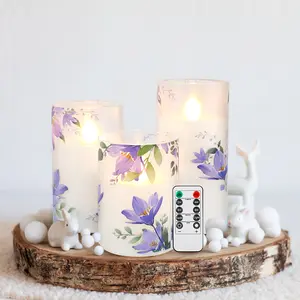 Flameless Candle with Remote & Realistic Flickering Flame | Elegant Purple Flower Column (Choose 1, 2, or 3-Pack Set) | Battery-Powered Infrared Sensor for Weddings, Home Decor, Seasonal Celebrations