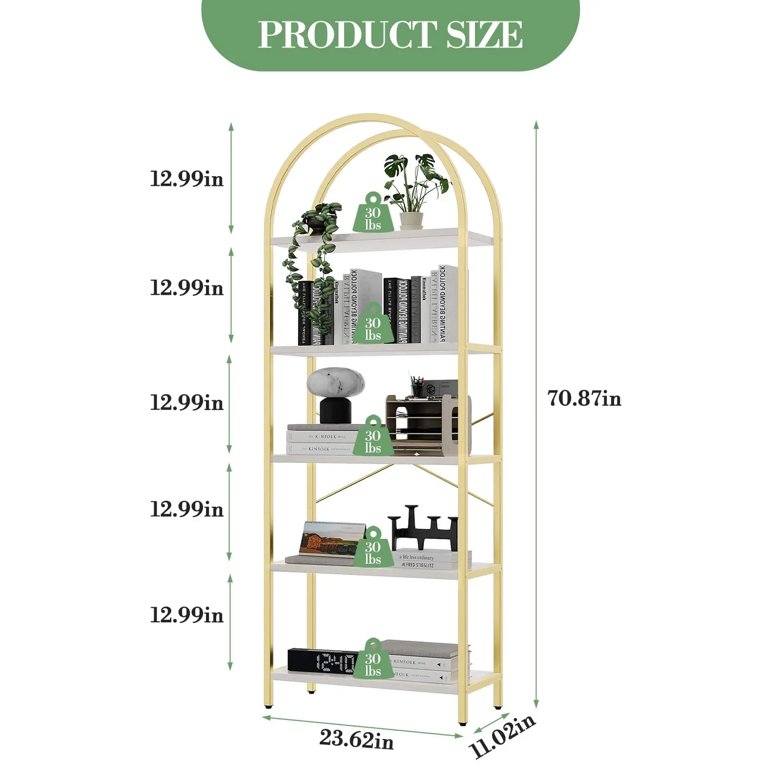 Garvee Tall Bookshelf with Sturdy Steel Frame, 5-Tier Arc-Top Office & Living Room Furniture, MDF Board with Marbling Finish, Large Storage Capacity Rack for Small Room Ideas