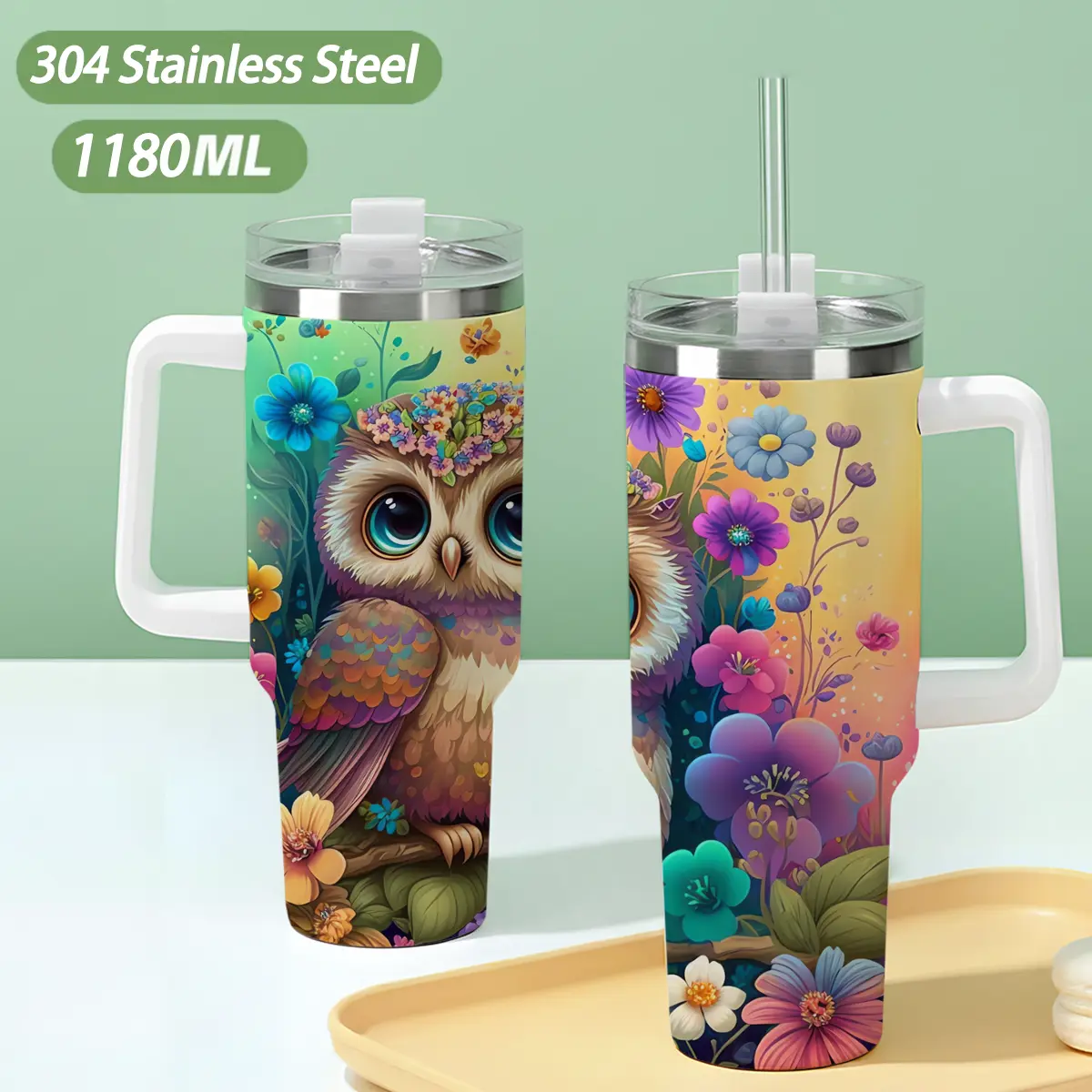 40oz Insulated Stainless Steel Water Bottle with Lid, Handle, Straw, Leakproof Design, Owl & Wreath Flower Print, Portable for Car, Office, Birthday Gifts