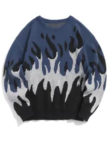 ZAFUL Men's Fall Winter Flame Pattern High Stretch Crew Neck Long Sleeve Sweater Ribbed Sweater Tops, Casual Loose Fit Knitwear for Men, Comfortable Daily Wear