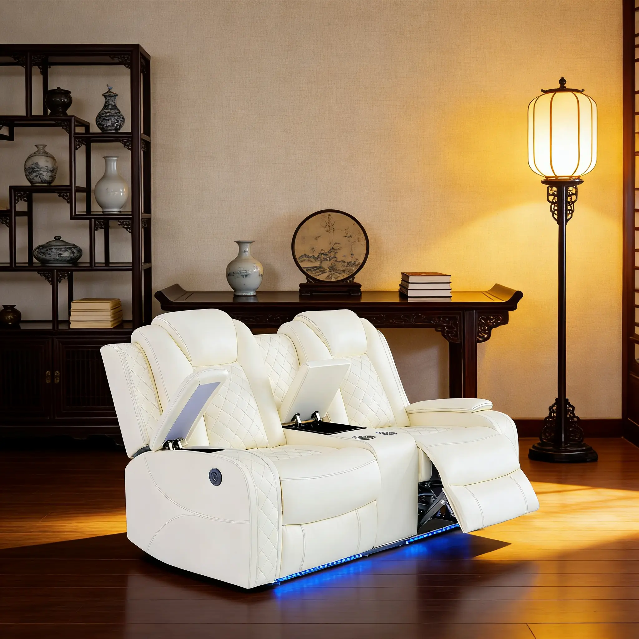 Modern White Leather 2-Seater High Back Recliner Loveseat - Indoor Living Room Furniture, Living Room Chairs, Armchair, Upholstered Leather, Adjustable Backrest Loungers, Built-in Light, Storage Console, Ergonomic Seat
