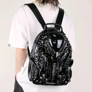 Unisex punk alien backpack glossy black futuristic large capacity for cosplay school travel