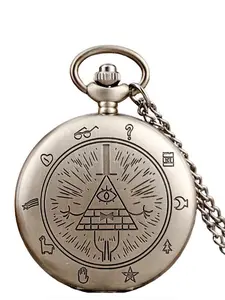 Vintage Bronze Color Quartz Pocket Watch Necklace Pendant, Unisex Decorative Chain Jewelry, Round Alloy Case, Unique Currency Code Design, Round Dial Analog