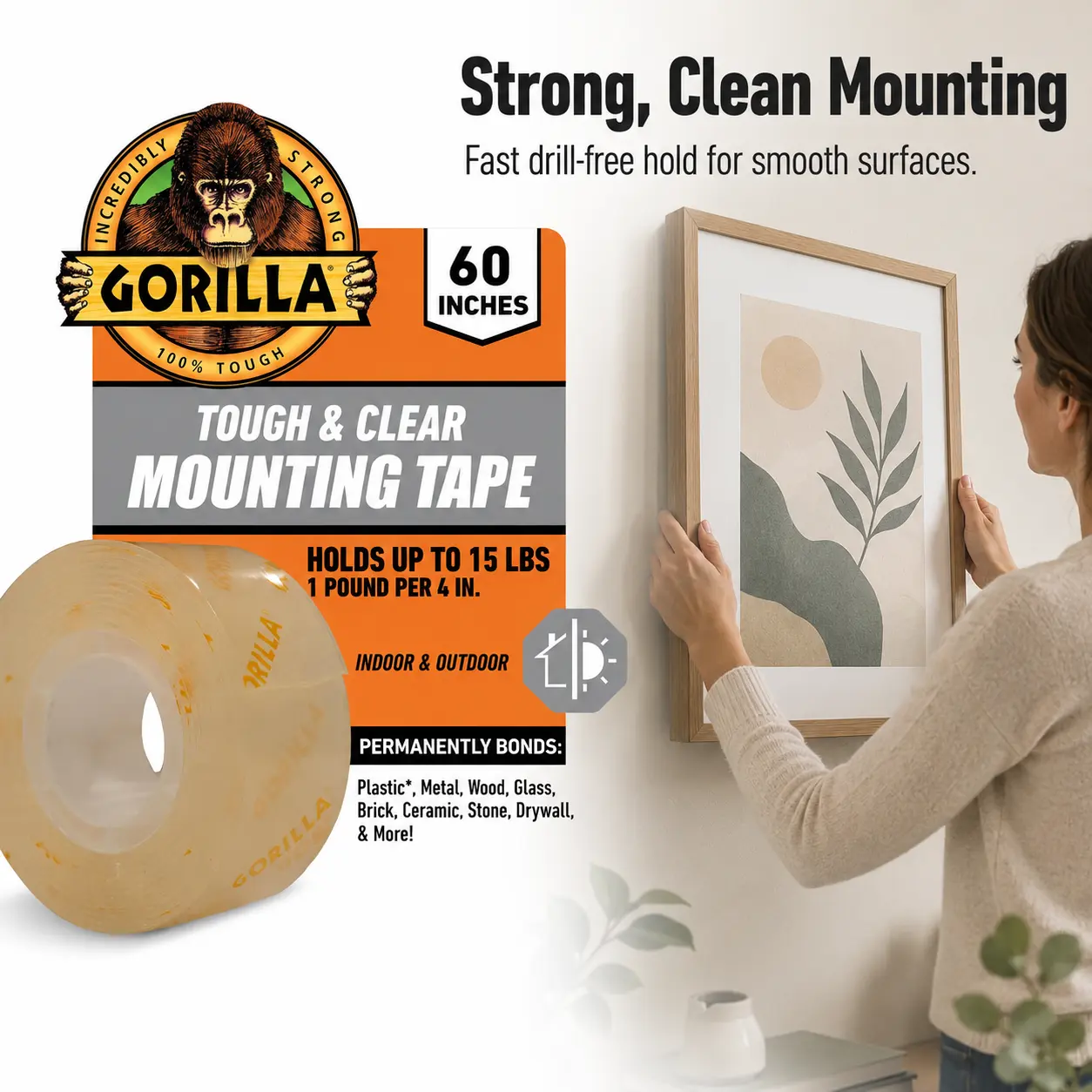 Gorilla 1 in x 1.67 yds Tough and Clear Mounting Anti-Slip Double-Sided Tape 6065003, crystal clear, instant hold, permanent bond, weatherproof, holds up to 15 lb, non-yellowing, smooth rough surfaces, plastic, metal, wood, glass, brick, tile, stone, DIY