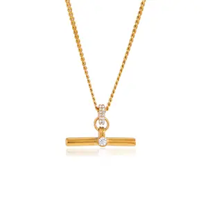 Classic style stainless steel T-bar pendant necklace with white rhinestones and NK chain, t-bar necklace
