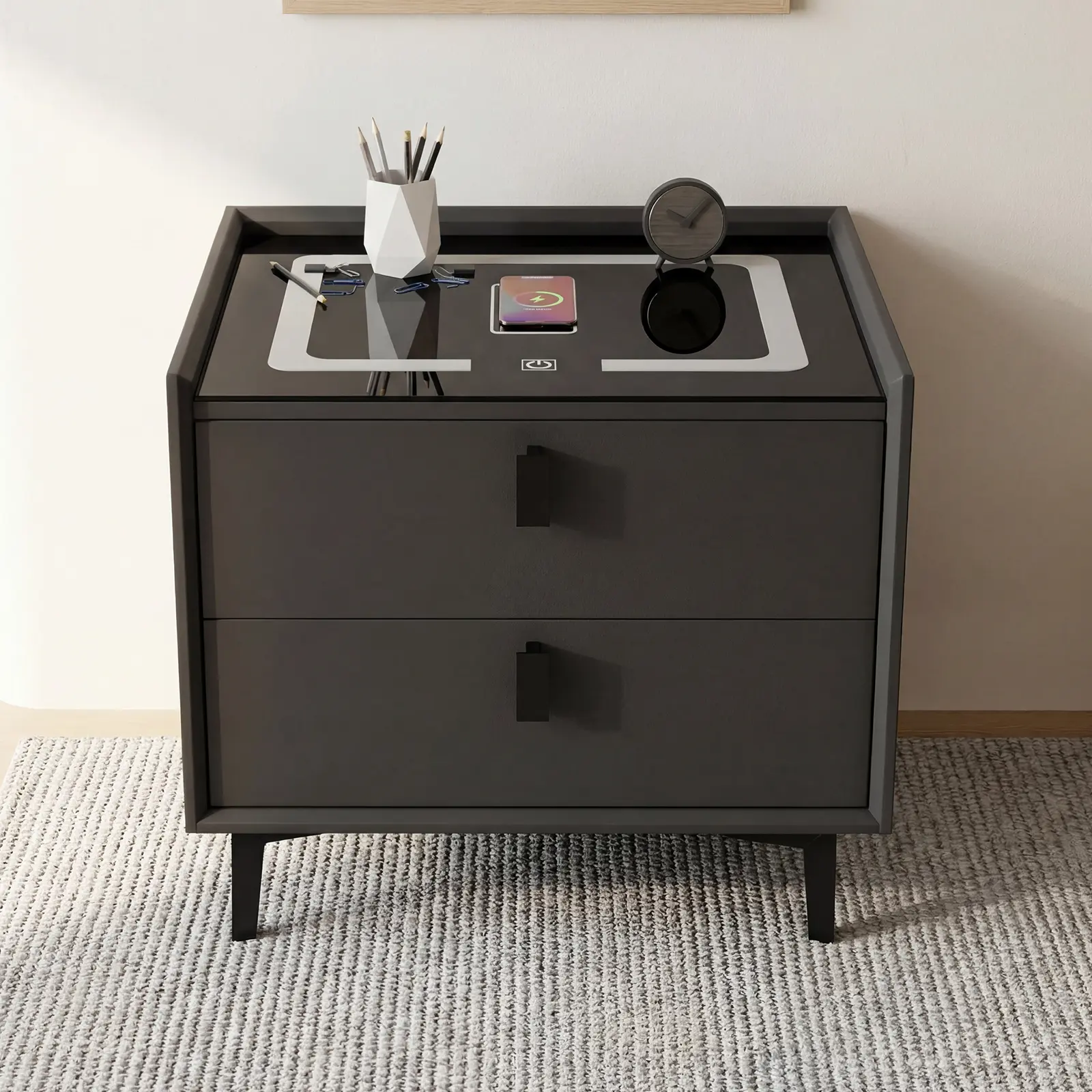 Smart bedside table with wireless charging station and adjustable LED light, featuring 2 drawers and a USB charging port; modern style bedroom bedside storage cabinet