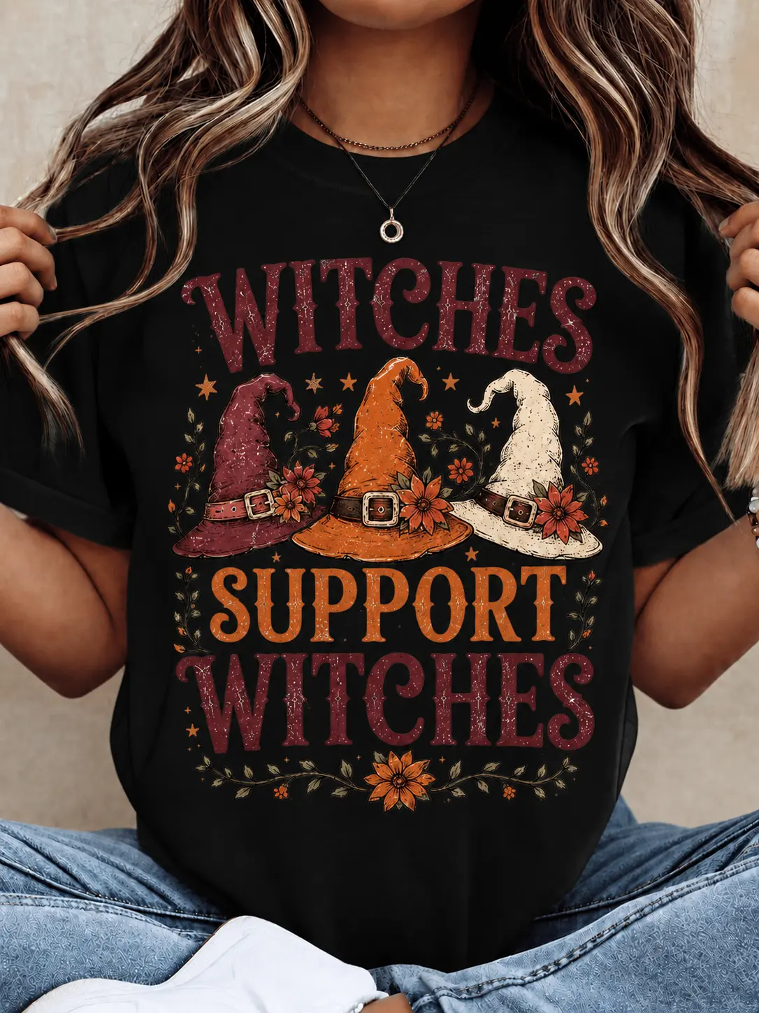 Women's Graphic Tee for Halloween, Comfortable Short Sleeve Top with 'Witches Support Witches' Print for Parties, Shortsleeve, Party, Tshirt, Style