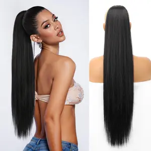 [KooKaStyle] Black Long Straight 32-Inch Drawstring Ponytail Extension - Natural Soft Synthetic Hairpiece, Clip-In, Heat-Resistant, Black Fake Pony Tail for Women