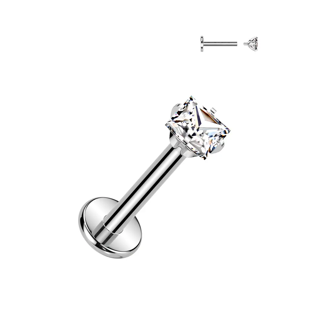 Square Prong Set CZ Internally Threaded Labret – 16G Implant Grade Titanium