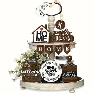 Country Style Wooden Tray Decoration Set, 11pcs/set Wooden Craft without Wooden Tray, Modern Style Home Decor, Desktop Display for Living Room Bedroom Kitchen