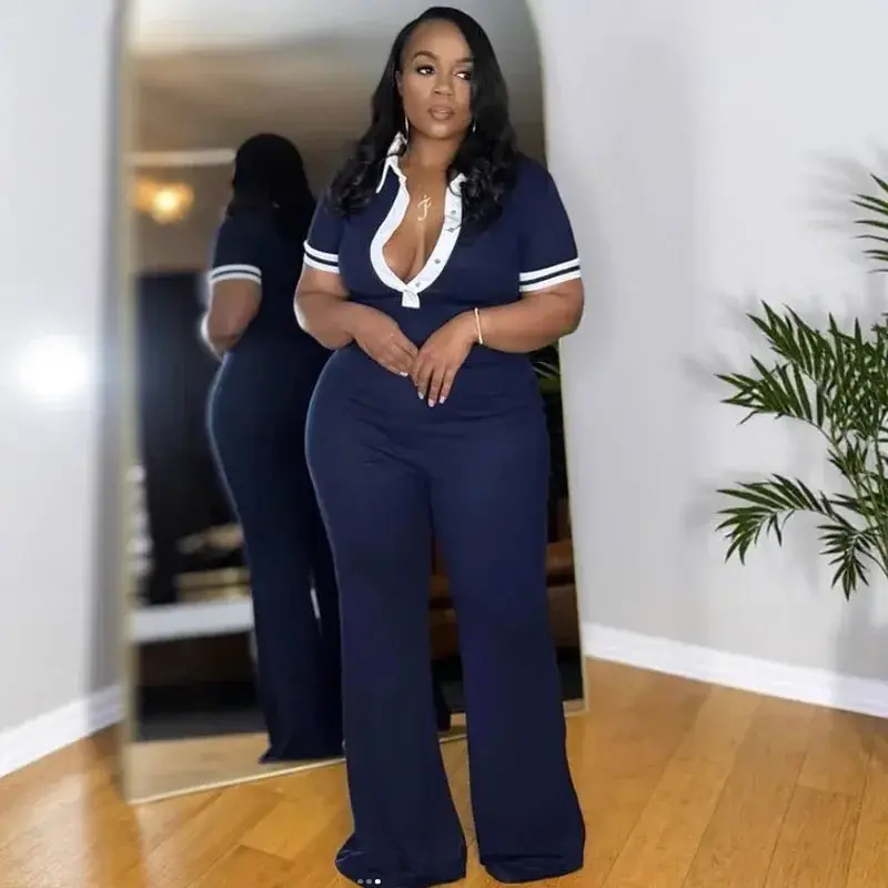 Women's 2025 New Fitted Fit Jumpsuits - Striped Short-Sleeve Turn-Down Collar Patchwork Casual 1-Piece Outfits for Sports & Outdoor Activities, Check Design Sportswear Sets