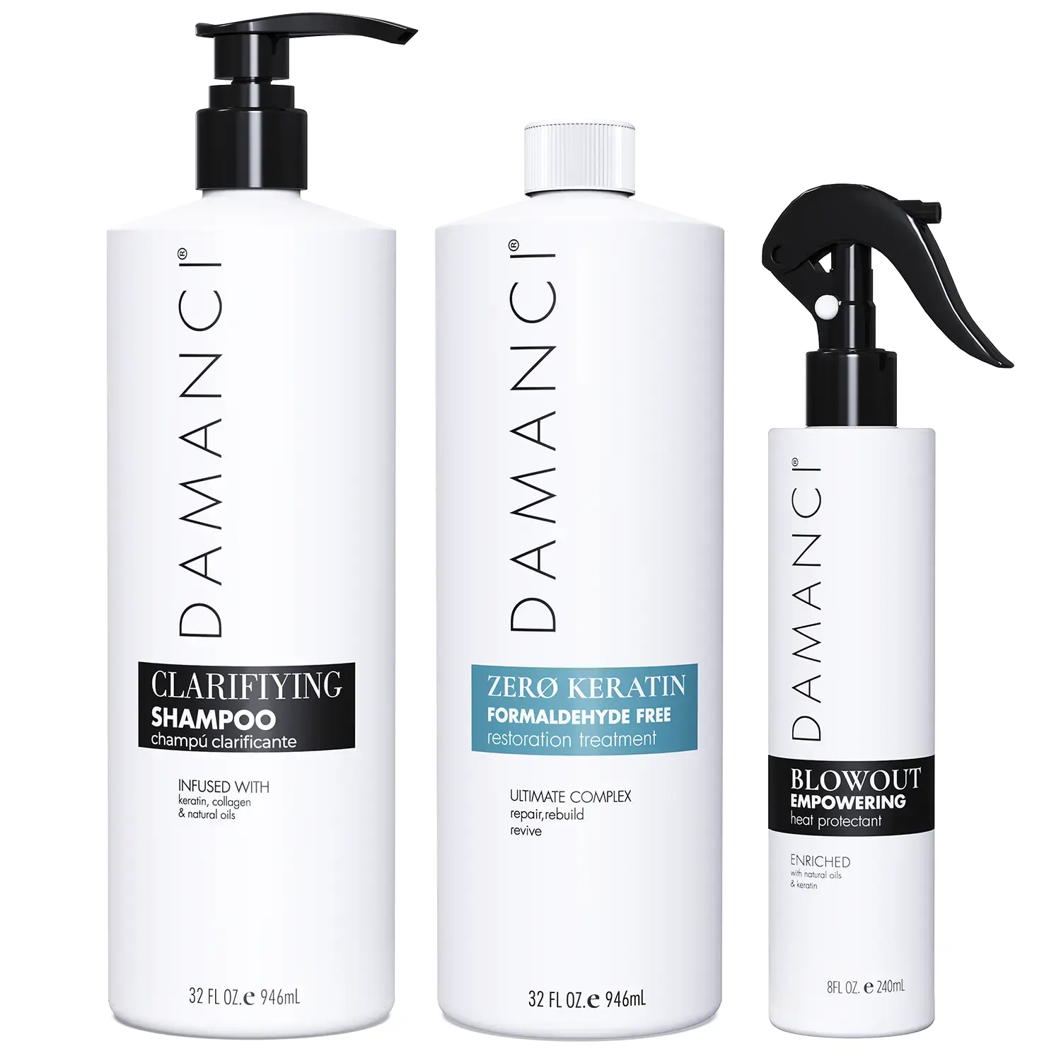 Damanci Instant Revival Kit - Clarifying Shampoo 32 oz, Zero Keratin Treatment 32 oz, Blowout Spray 8 oz for Healthy Moisture and Vitality