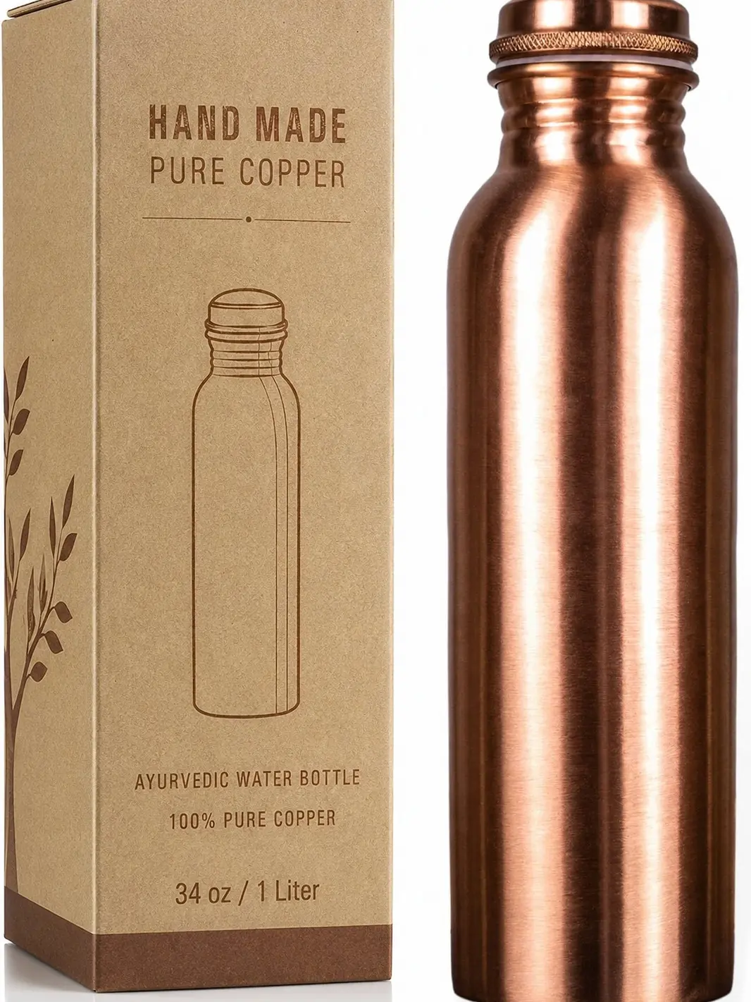 Copper Water Bottle - 34oz Smooth Design - A Handcrafted Ayurvedic Pure Copper Vessel For Drinking - Drink More Water, Lower Your Sugar Intake And Enjoy The Health Benefits