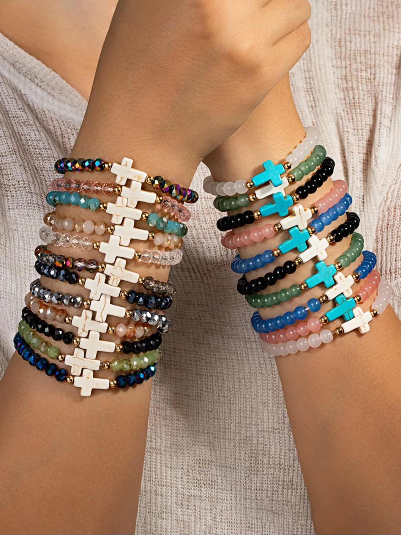 Boho Style Colorful Faceted Glass Beaded Bracelet Set, Stackable Bracelets, Turquoise-Color Cross Accent, Women's Jewelry for Daily Wear, Ideal Gifts