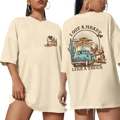 Women's Oversized Heart Graphic Print Short Sleeve Soft Blend T-Shirt - Cute Vintage Western Country Music Nashville Outfit, Loose-Fit Party Top Gift, Lightweight Basic, Cold Wash Only, Do Not Bleach