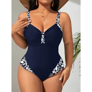 Plus size navy blue and white printed one-piece swimsuit for summer, pleated V-neck tummy control swimwear, side decorative design, a must-have for beach vacations and a top choice for pool parties