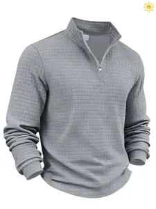 Men's autumn and winter solid color waffle weave pullover sweatshirt, regular style leisure zipper placket long sleeve knitted sweater, men' outdoor sports clothing