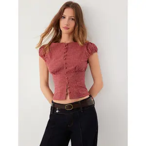 Cider Red Gingham Square Neck Puff Sleeve Blouse SwimWeek