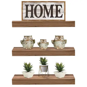 Rustic Rectangle Floating Shelves (3-Pack) Decor Metal Set Wood