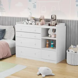 MIDHAM Updated Modern Nursery Dresser Chest with 5 Drawers, 2 Open Shelves & Guard Table Top, Wood Dresser Storage Chest of Drawers (47.2”W x 19.5”D x 36.1”H)