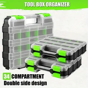 Double Sided Tool Box Small Parts Organizer Hardware Storage Container Tackle Case with 34 Removable Compartments for Screws Nuts Nails Bolts, Christmas Gifts for Men (Green)