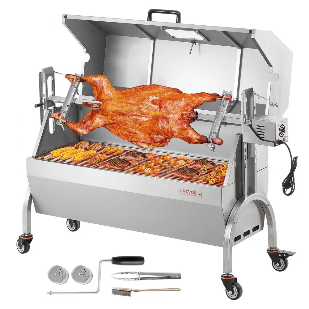 Rotisserie Grill with Hooded Cover, BBQ Whole Pig Lamb Goat Charcoal Spit Grill, 46 Inch 132Lbs Capacity, Electric 52W Motor Stainless Steel Roaster with Viewing Window and Lockable Wheels
