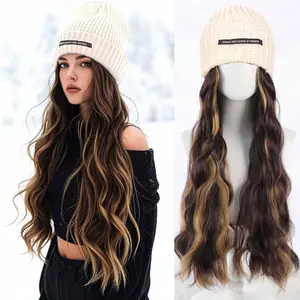 European and American wig hat wig integrated 22-inch knitted fleece hat big wave hat headgear