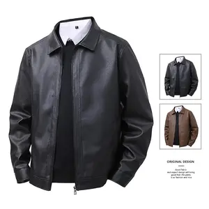 Leather Jacket Men's Slim Fit Lapel Casual Jacket Men's Top Windproof Casual Jacket Menswear Coats Long Sleeve Plain Black,Gift