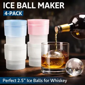 Set of 4 Ice Ball Maker – 2.5 Inch Round Ice Sphere Mold for Whiskey Cocktails Bourbon, Silicone Freezer Press for Clear Ice Cubes, Old Fashioned Drink Accessories (White, Blue & Pink)