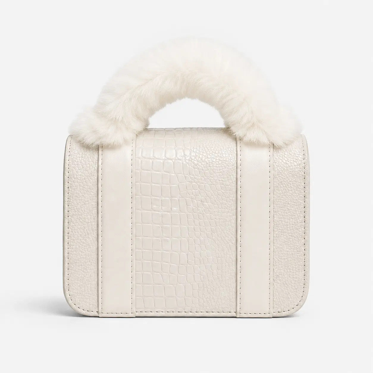 Women’s Classic Ivory PU Leather Croc-Embossed Structured Top Handle Satchel - Faux Fur Handle Mixed-Texture Casual Handbag, Elegant Statement Bag for Parties & Weddings, Classic Ivory Women's Handbags