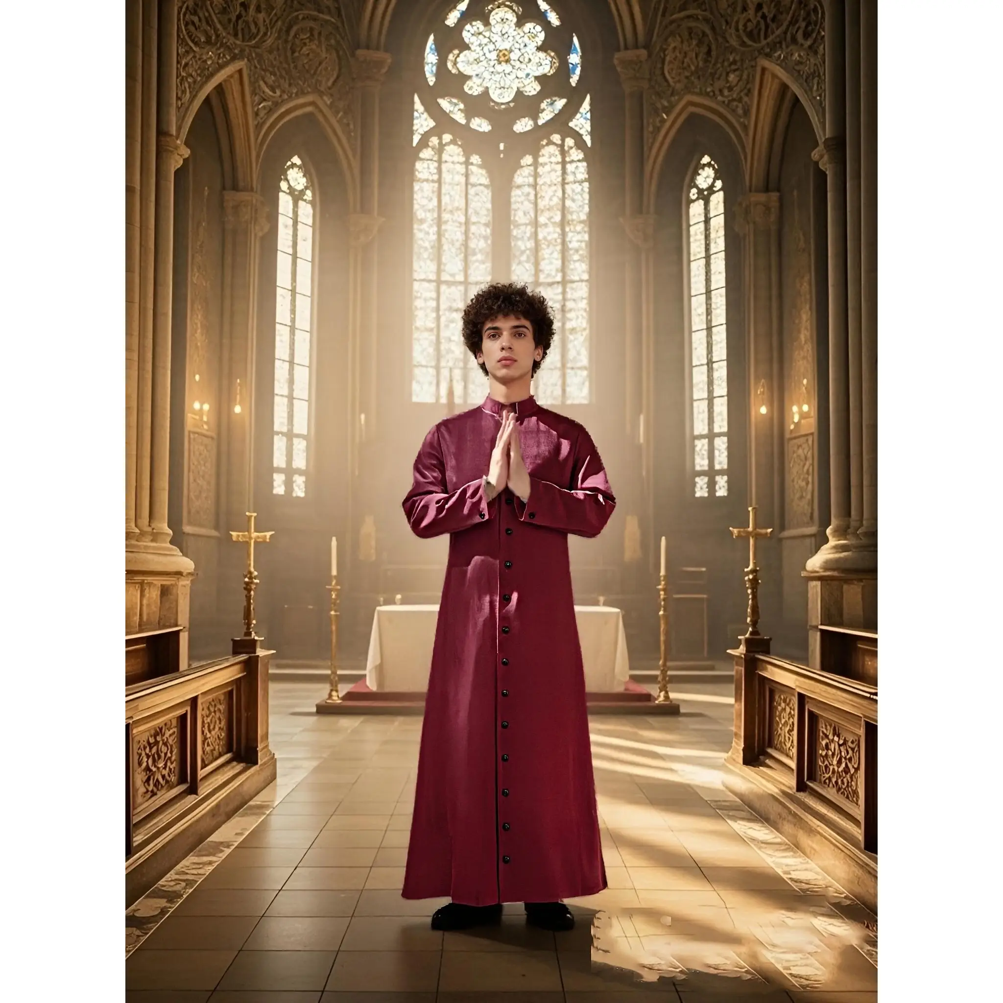 Men's Medieval Monk Robe Costume with Stand Collar, Long Sleeve, Single-Breasted Church Priest Outfit, Vintage Wizard and Clergy Halloween Attire for