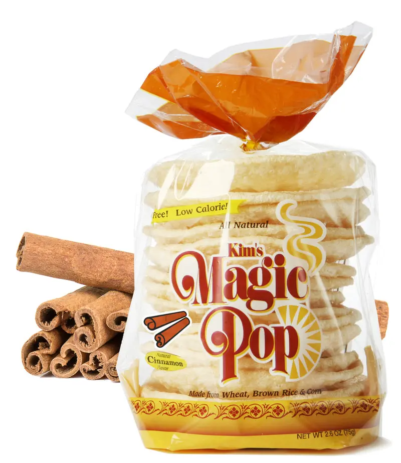 Kim's Magic Pop Freshly Popped Rice Cakes | Vegan | Cinnamon Flavor | 6 Bags | 15 Cakes per Bag | Low Carb, Sugar Free, Fat Free, Natural, Multigrain Korean Snack | Easy Bread, Chip, Cracker Replacement, Cryspy, Crunchy