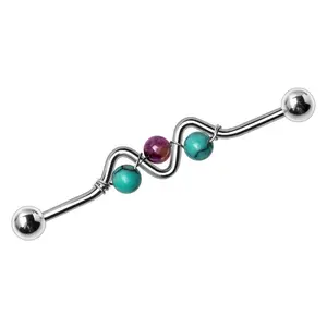 316L Stainless Steel Synthetic Turquoise & Amethyst Wave Industrial Barbell
