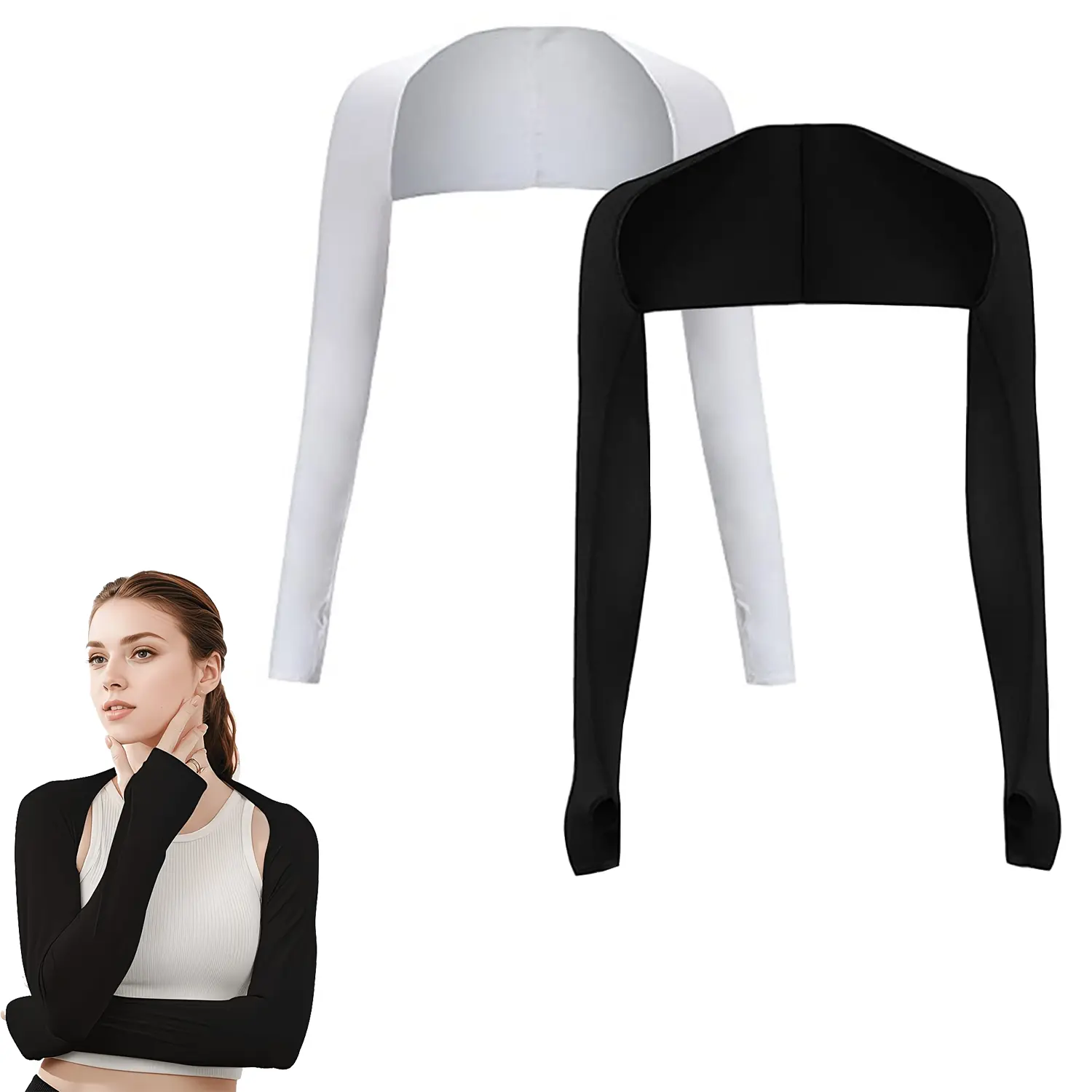 2 PCS Refreshing Shawl Arm Finger Protection Sun Cooling Shoulder Guard UV Protection Arm Sleeves Cooling Shawl Arm Sleeves, Shawl Fake Sleeves with Finger Holes, Cooling Scarf Arm Sleeves