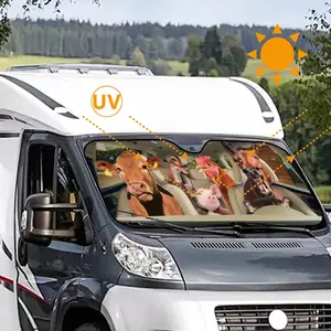 Funny Cartoon Farm Animal Design Windshield Sunshade, Humorous Cow Horse Pig Chicken Car Sunshades, Foldable & Portable UV Protection